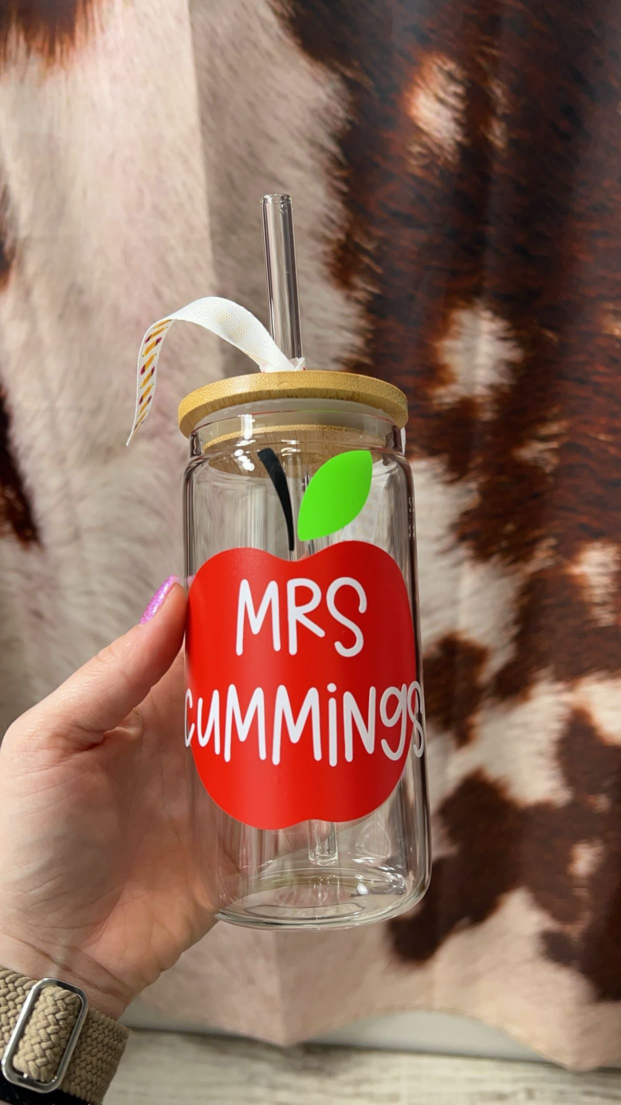 Custom Teacher Glass Can cup with Bamboo Lid & Glass straw