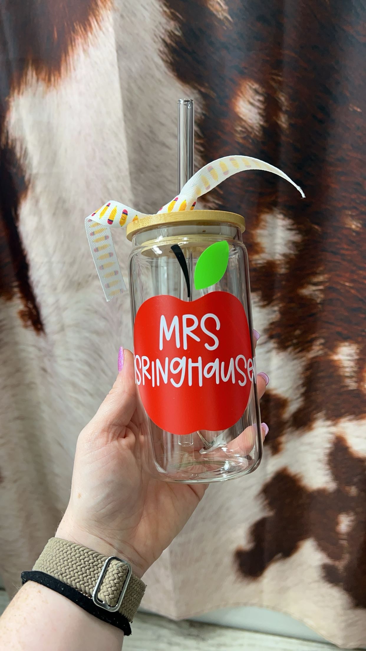 Custom Teacher Glass Can cup with Bamboo Lid & Glass straw
