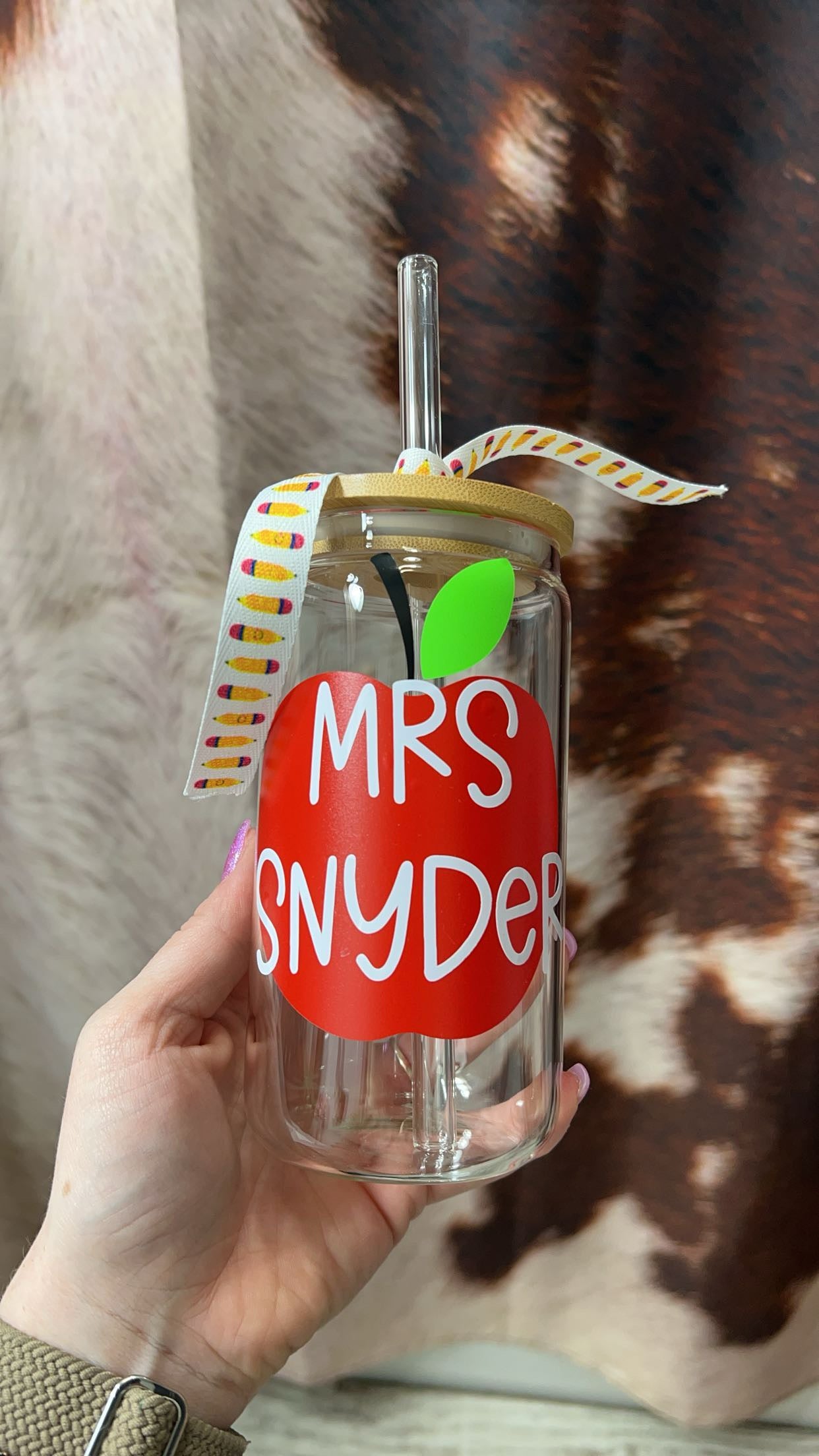 Custom Teacher Glass Can cup with Bamboo Lid & Glass straw