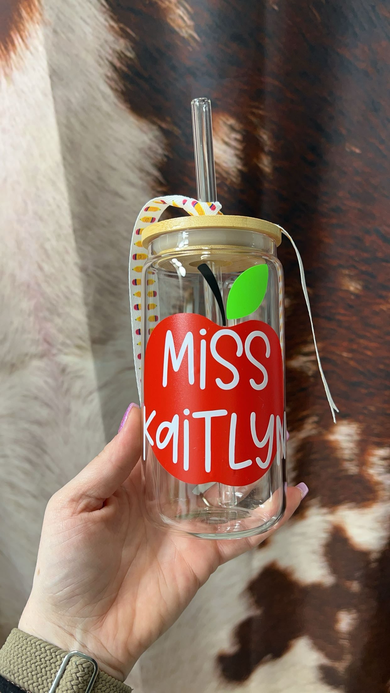 Custom Teacher Glass Can cup with Bamboo Lid & Glass straw