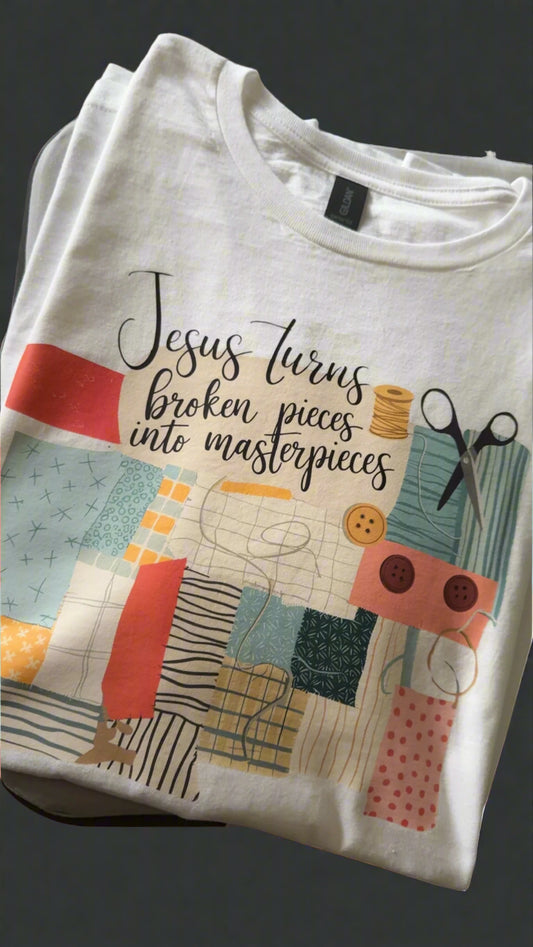 Gildan Short Sleeve Tee Shirt Jesus Turns Broken Pieces into Masterpeices